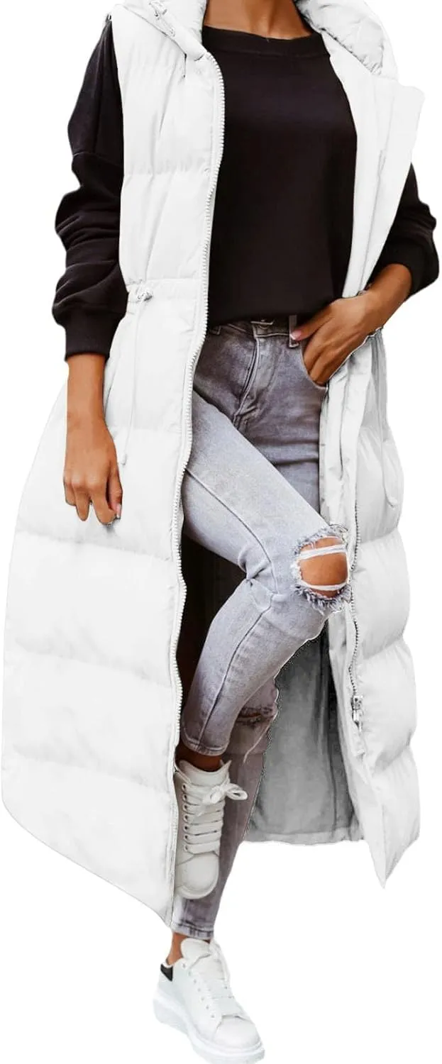 Women's Vest Coat Casual Sleeveless Oversized Long Jackets Solid Color Zip Up Down Jacket Quilted Outdoor Fleece Coat