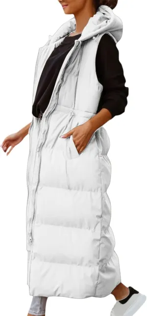 Women's Vest Coat Casual Sleeveless Oversized Long Jackets Solid Color Zip Up Down Jacket Quilted Outdoor Fleece Coat