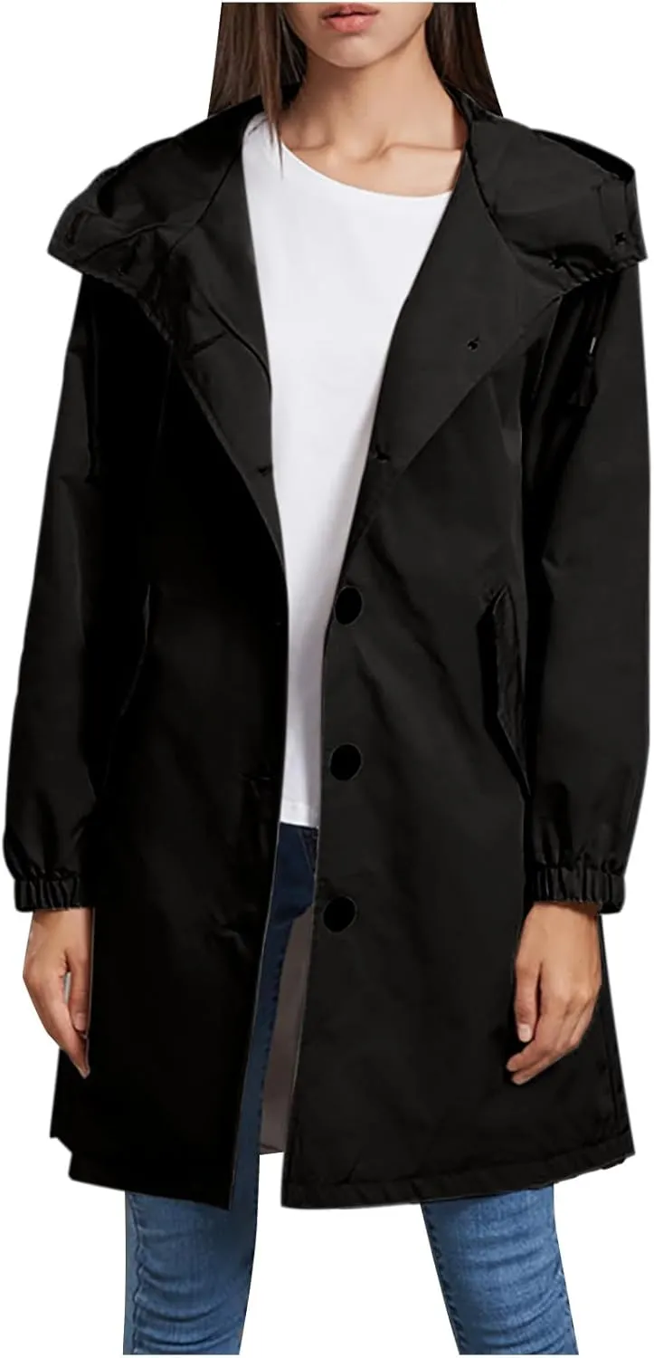 Women's Waterproof Raincoat Lightweight Casual Rain Jacket Long Hooded Windbreaker with Pockets for Hiking Outdoor