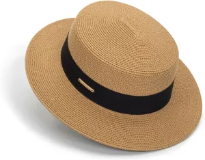 Women's Wide Brim Sun Hat Straw Panama Hat - UV-Protection Summer Boater Fedora Beach-Sun-Hats(M-L)