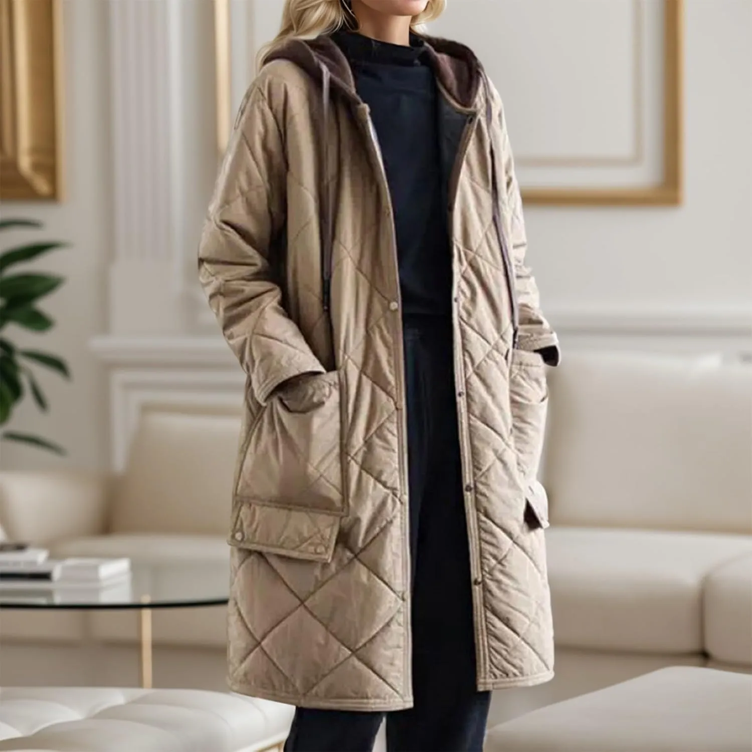 Women's Winter Casual Quilted Jackets with Hood Lightweight Button Down Long Puffer Jacket Outerwear Down Winter Coat
