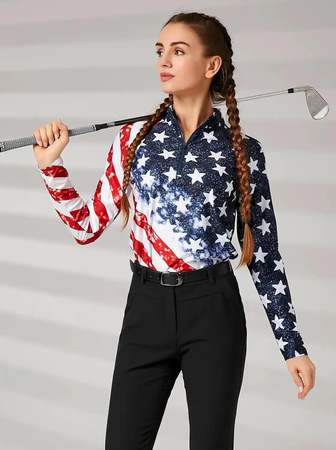 WOWENY Women's Long Sleeve Athletic Shirts Quarter Zip Pullover Collared T-Shirt Workout Print Tennis Top