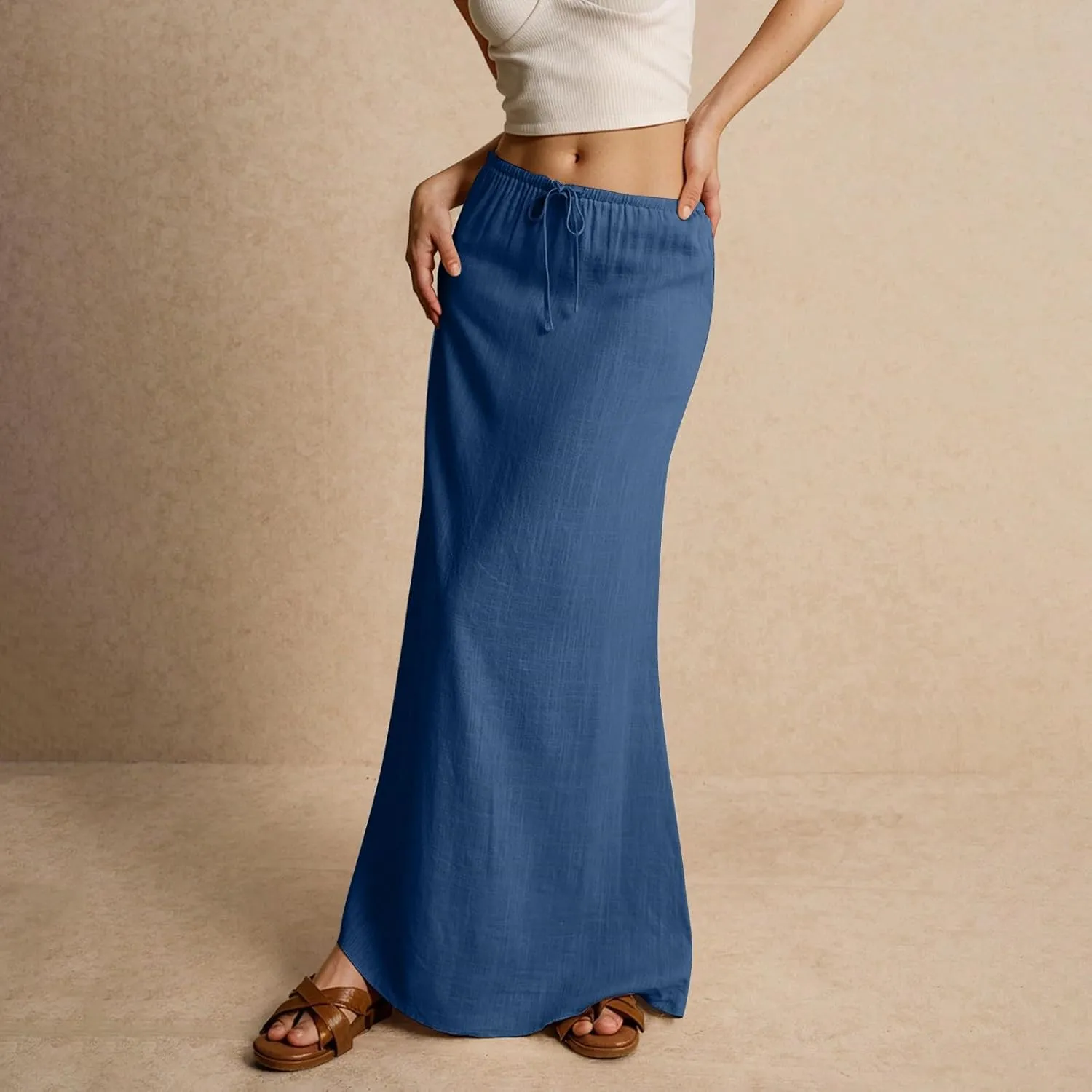 Wrap Skirts for Women Summer Womens Linen Maxi Skirt with Slit Drawstring Low Rise Long Flowy Skirts Plus Size