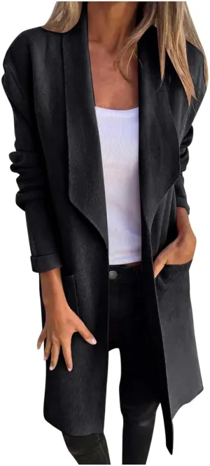XUNRYAN Womens Long Trench Coat Open Front Cardigan Sweater Jackets Wool-Blend Lapel Overcoat Outerwear Winter Fall Fashion