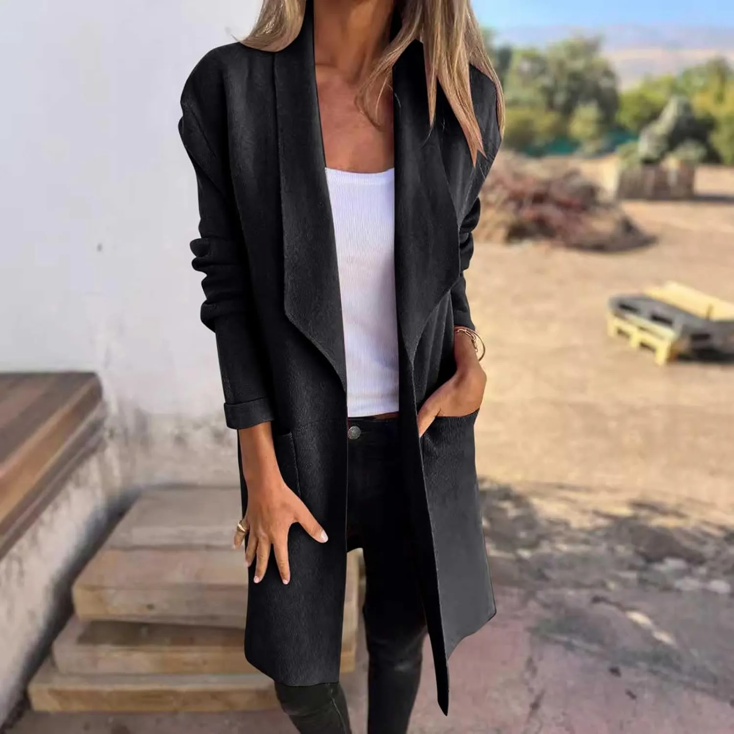 XUNRYAN Womens Long Trench Coat Open Front Cardigan Sweater Jackets Wool-Blend Lapel Overcoat Outerwear Winter Fall Fashion