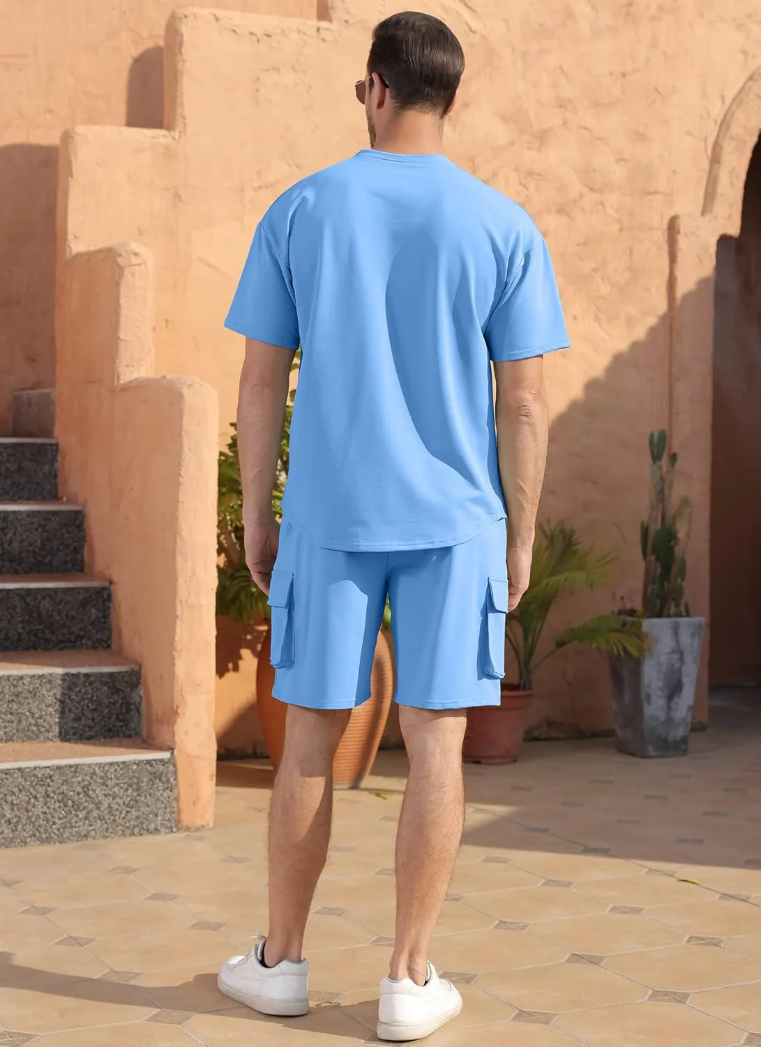 YawYews Men's 2 Piece Outfits Casual Tracksuit Cargo Shorts Summer Athletic Drop Shoulder Sleeve Sportwear Set