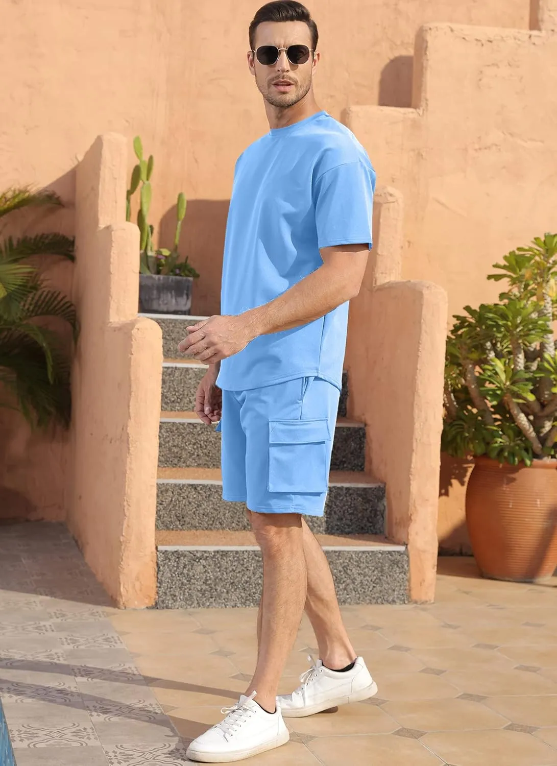 YawYews Men's 2 Piece Outfits Casual Tracksuit Cargo Shorts Summer Athletic Drop Shoulder Sleeve Sportwear Set