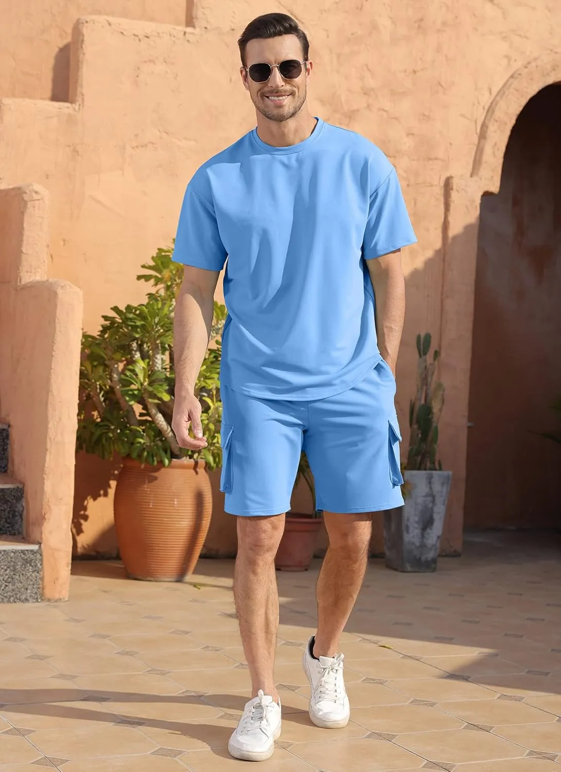 YawYews Men's 2 Piece Outfits Casual Tracksuit Cargo Shorts Summer Athletic Drop Shoulder Sleeve Sportwear Set