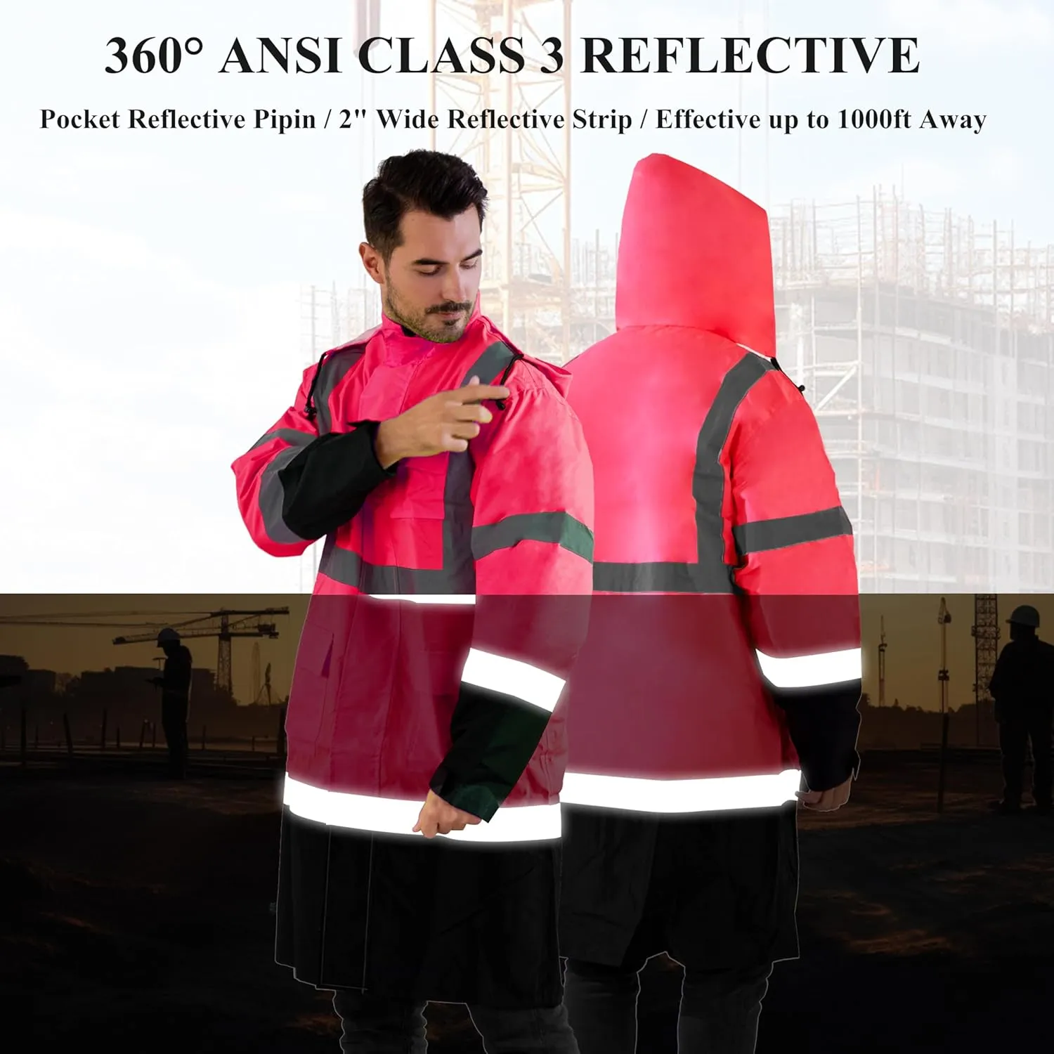 Z&Q LABOR Raincoat Safety Work Rain Gear for Men Waterproof with Hood, High Visibility Rain Gear,Rain Suits for Men